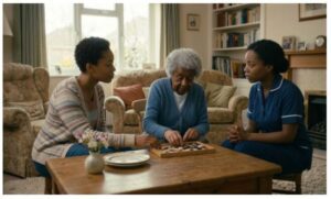 Elderly woman playing board game with caregivers