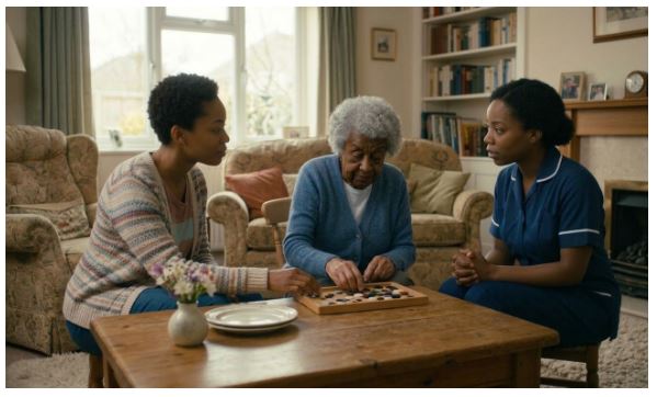 Elderly woman playing board game with caregivers